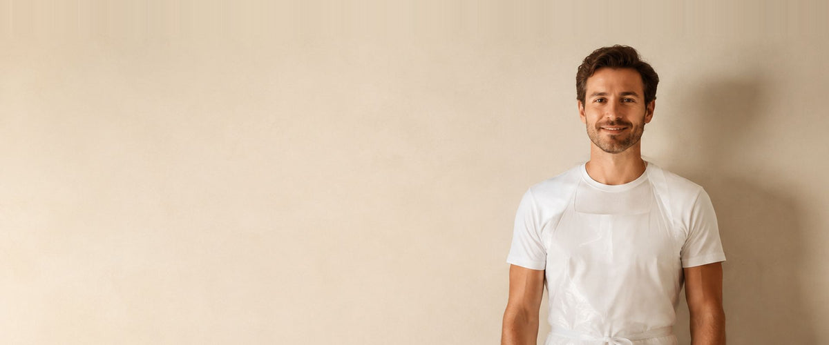 Homme portant un tablier jetable blanc translucide par dessus un t-shirt.