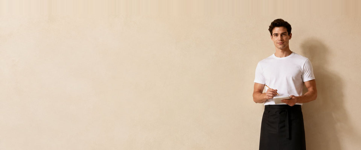 Homme en t-shirt blanc portant un tablier de service noir noué à la taille, carnet et stylo en main.