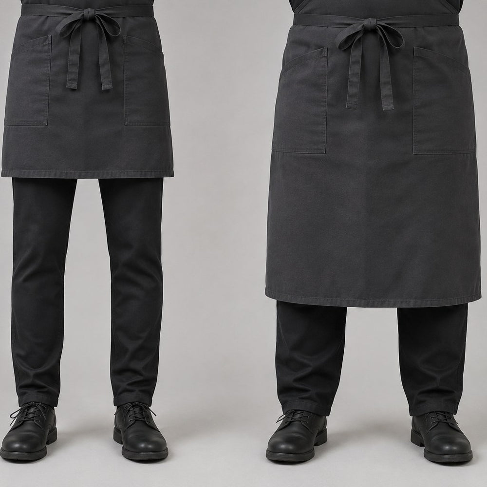 Deux tabliers de taille portés côte à côte, un court à mi-cuisse et un long sous le genou