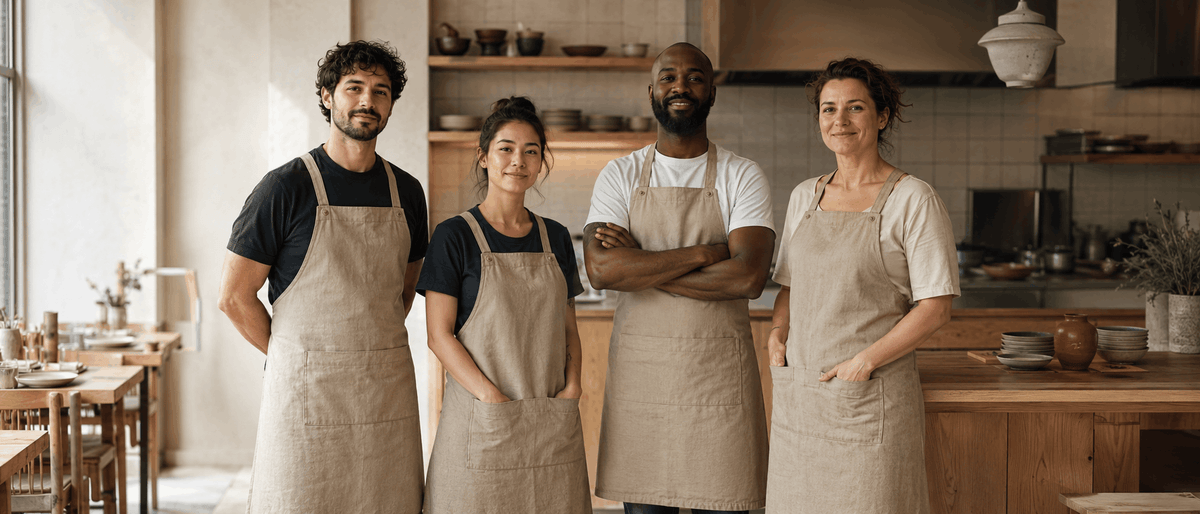 Quatre personnes portant le même tablier beige dans la cuisine ouverte d'un restaurant