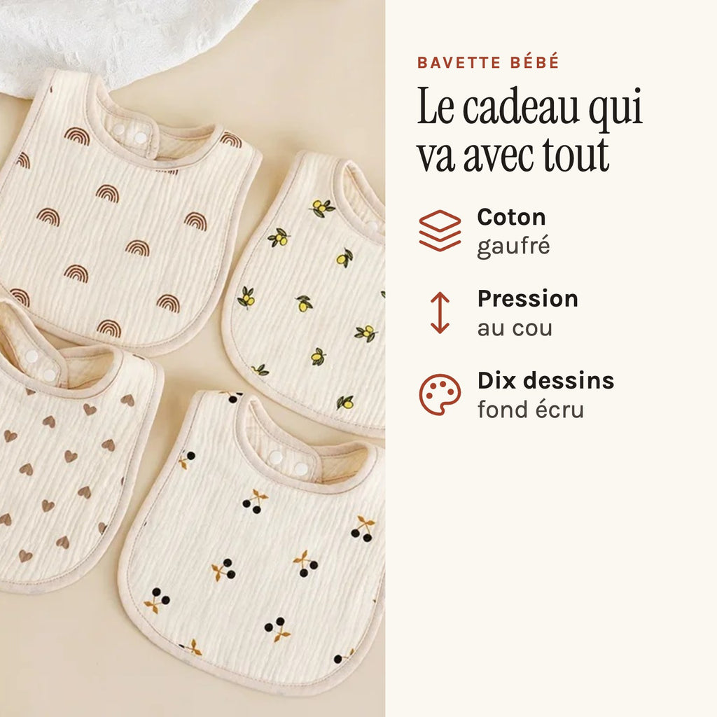 Bavette bébé en coton gaufré, motif imprimé sur fond écru, quatre motifs sur fond écru