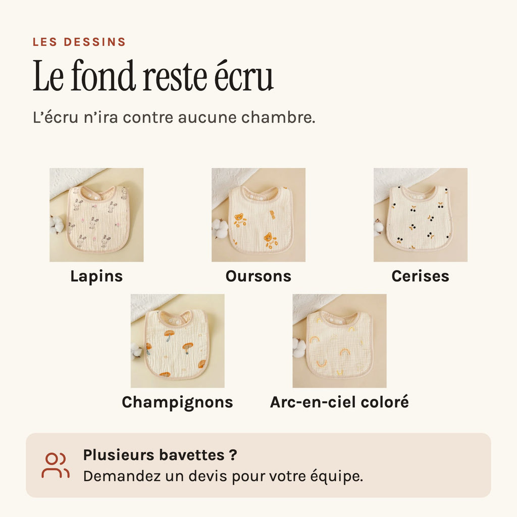 Bavette bébé en coton gaufré, motif imprimé sur fond écru, cinq autres dessins