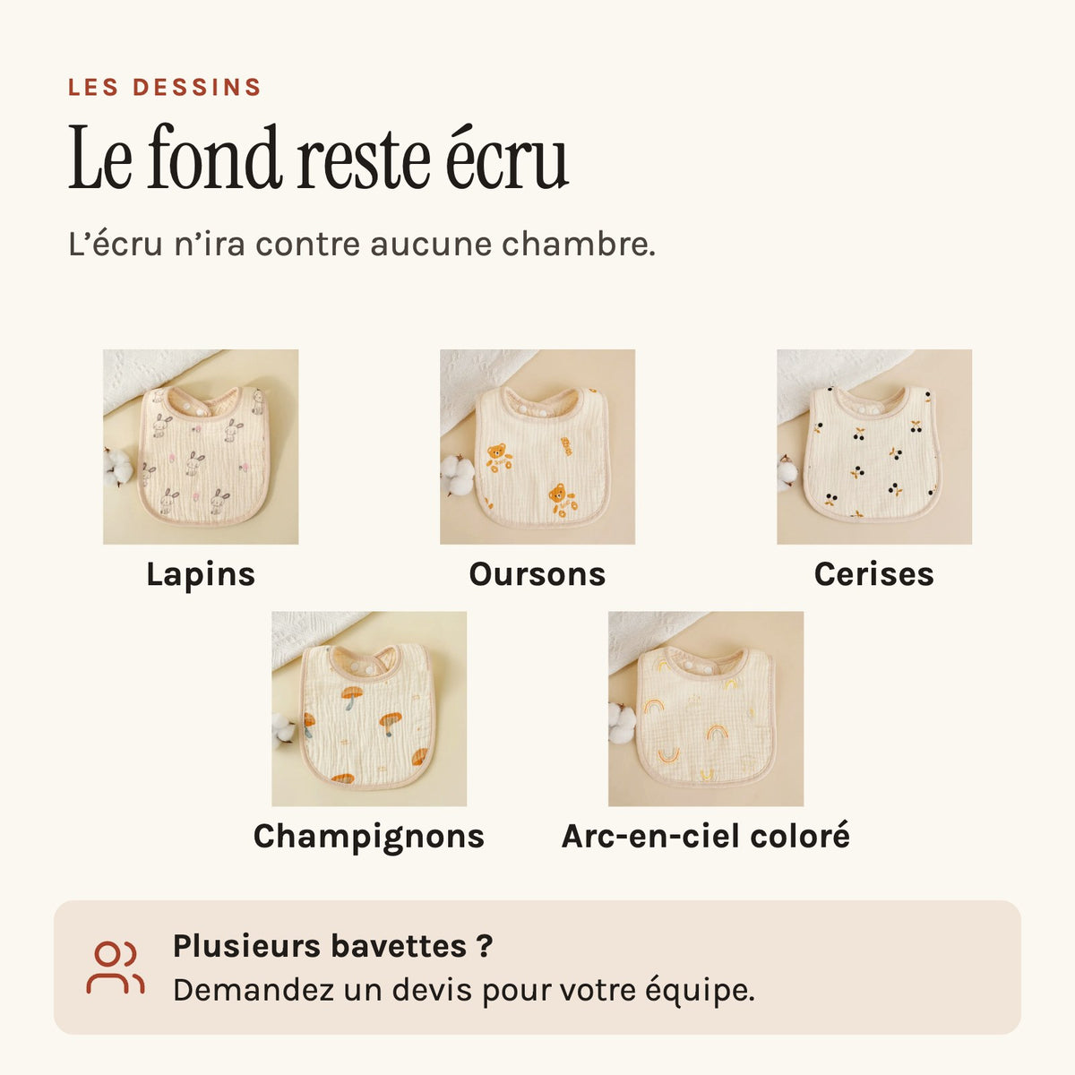 Bavette bébé en coton gaufré, motif imprimé sur fond écru, cinq autres dessins