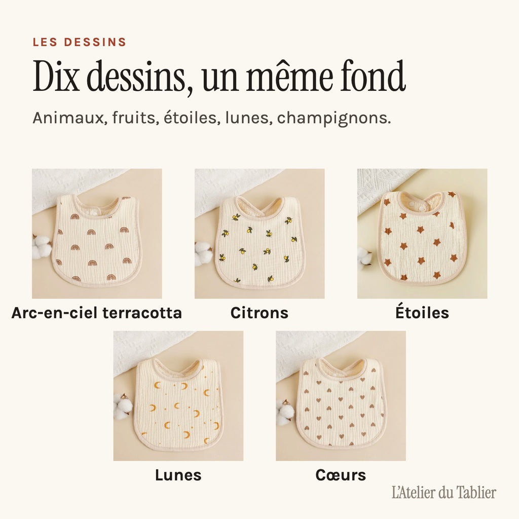 Bavette bébé en coton gaufré, motif imprimé sur fond écru, cinq premiers dessins