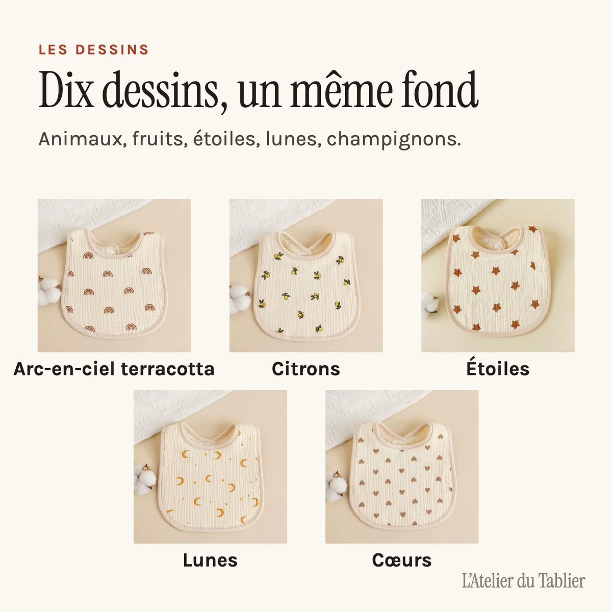 Bavette bébé en coton gaufré, motif imprimé sur fond écru, cinq premiers dessins