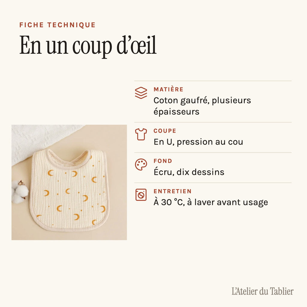 Bavette bébé en coton gaufré, motif imprimé sur fond écru, fiche technique