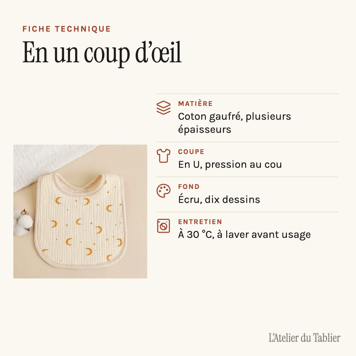Bavette bébé en coton gaufré, motif imprimé sur fond écru, fiche technique