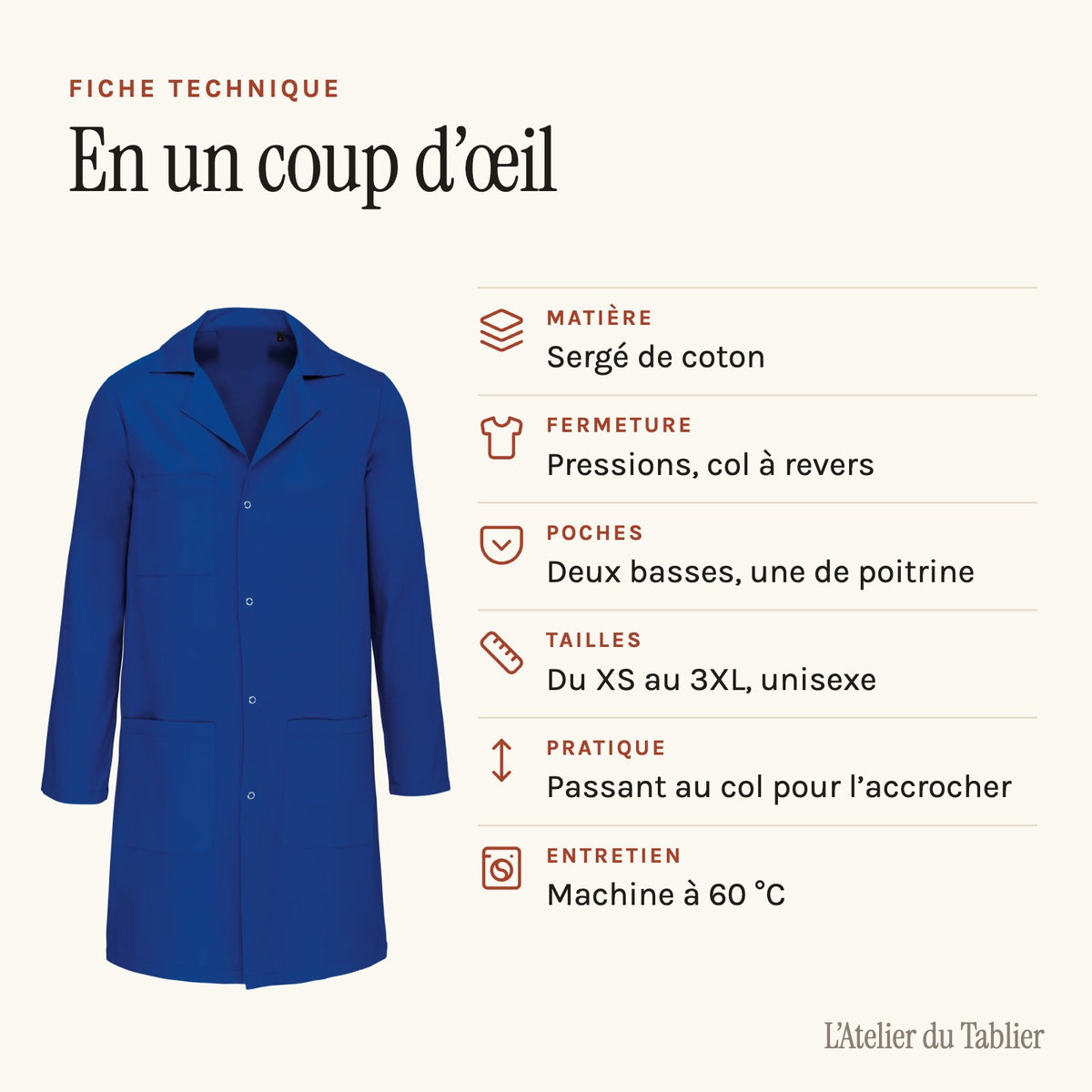 Arbeitskittel Blau, technisches Datenblatt