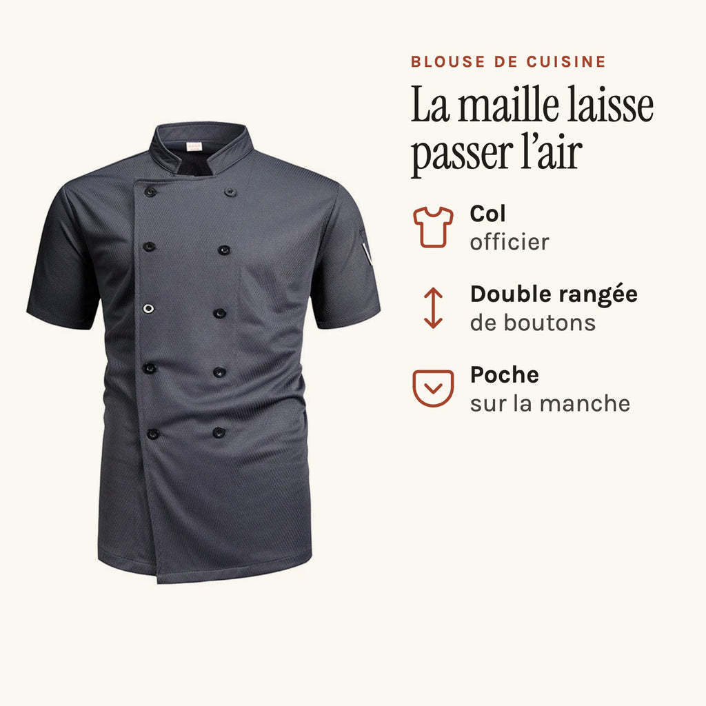 Blouse de cuisine croisée à manches courtes, tissu ajouré, gris, croisée, double rangée de boutons