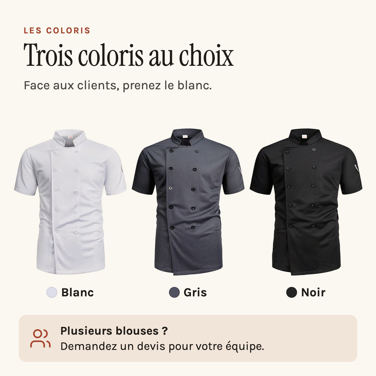 Blouse de cuisine croisée à manches courtes, tissu ajouré, les trois coloris