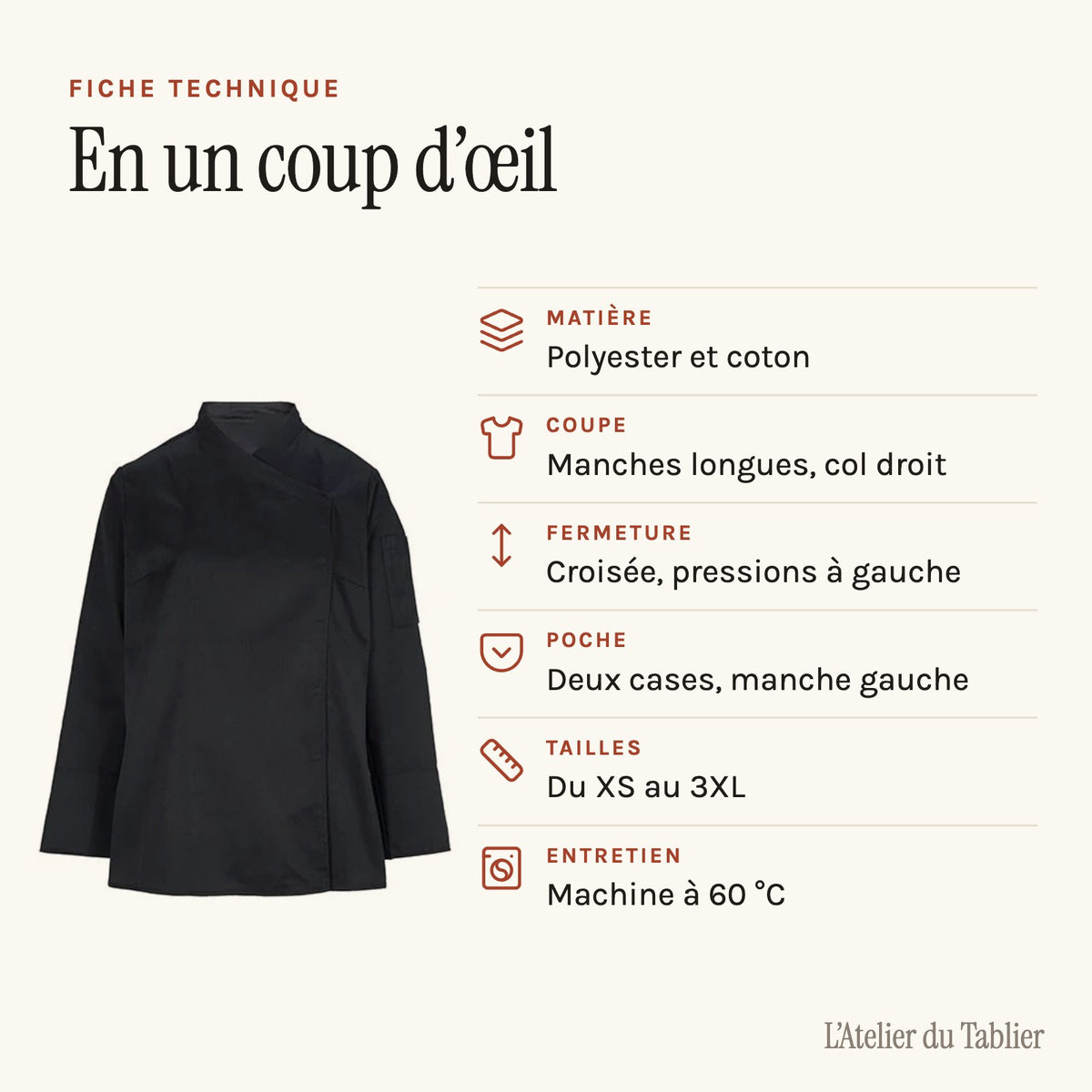 Kochjacke Damen, technisches Datenblatt