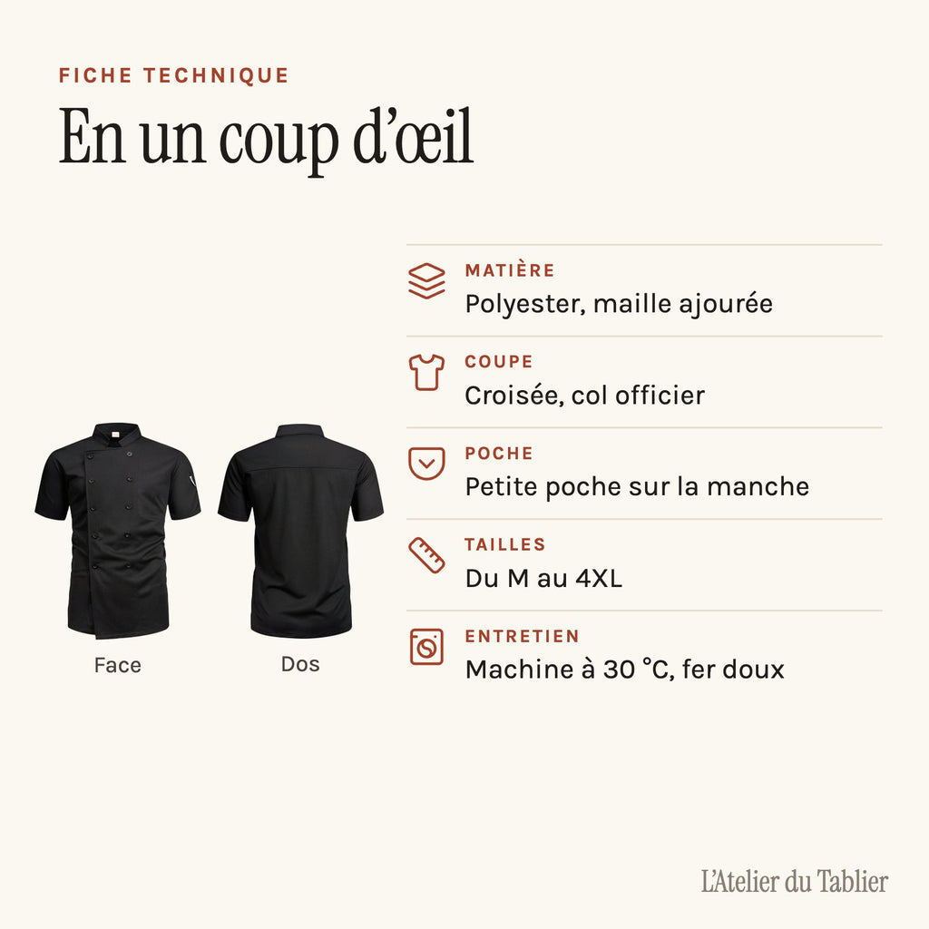 Blouse de cuisine croisée à manches courtes, tissu ajouré, fiche technique
