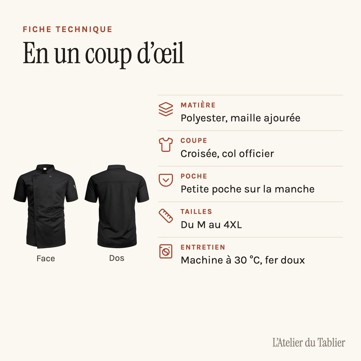 Blouse de cuisine croisée à manches courtes, tissu ajouré, fiche technique