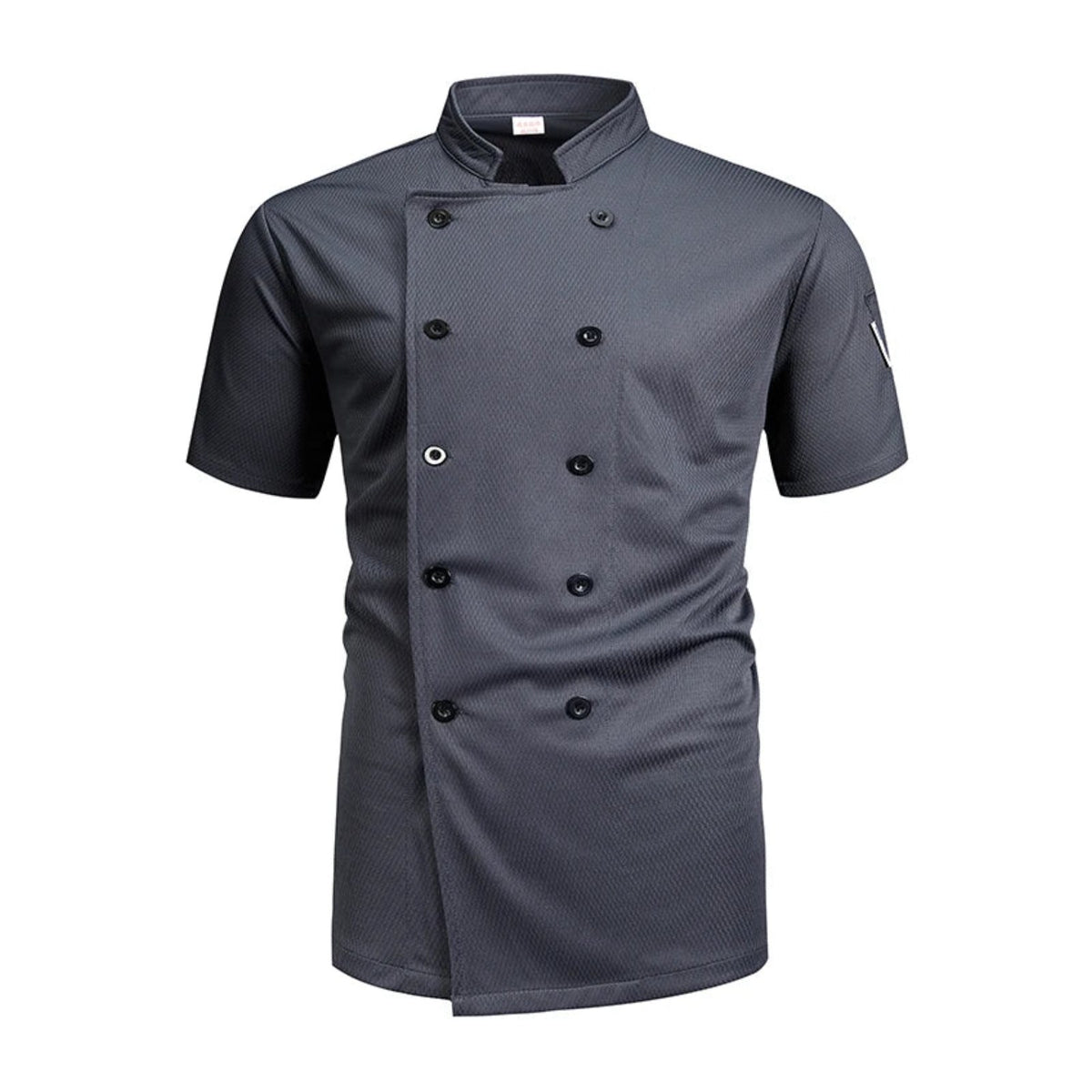 Blouse de cuisine croisée à manches courtes, tissu ajouré, gris, de face