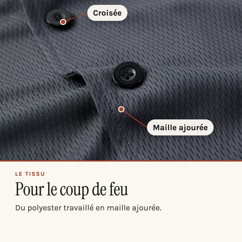 Blouse de cuisine croisée à manches courtes, tissu ajouré, maille ajourée et boutons