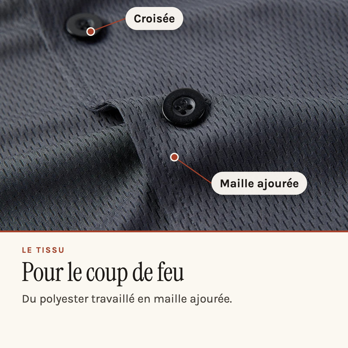 Blouse de cuisine croisée à manches courtes, tissu ajouré, maille ajourée et boutons