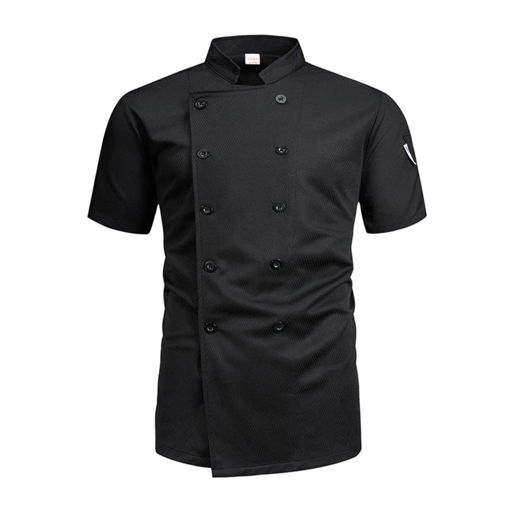 Blouse de cuisine croisée à manches courtes, tissu ajouré, noir, de face