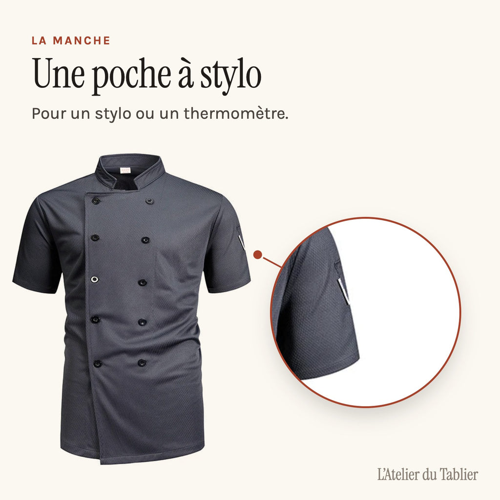 Blouse de cuisine croisée à manches courtes, tissu ajouré, poche sur la manche