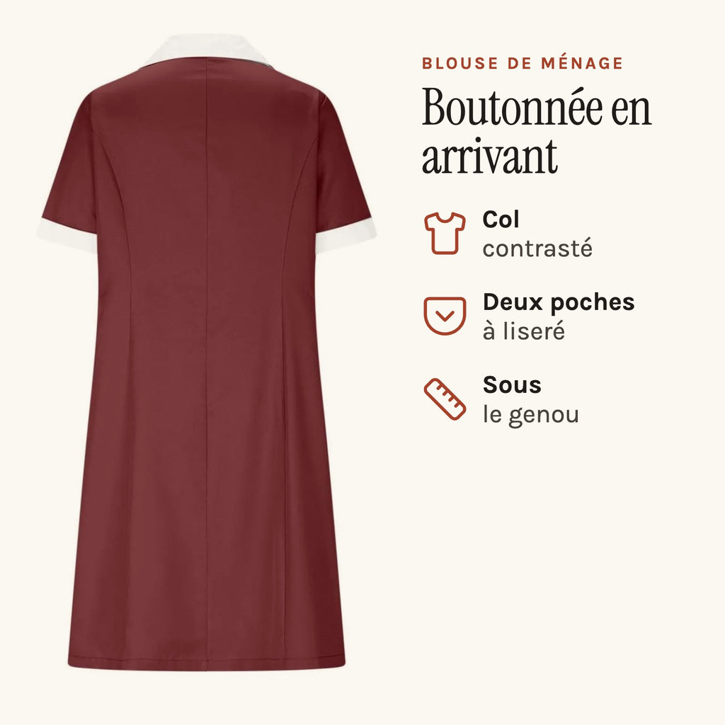 Blouse de travail femme de ménage, boutonnée, à col contrasté, bordeaux, vue de dos