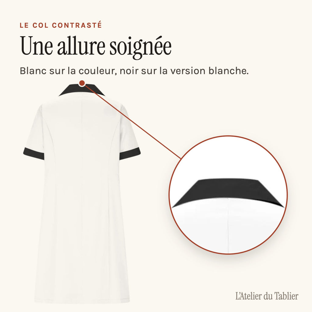 Blouse de travail femme de ménage, boutonnée, à col contrasté, blanc, col et manches noirs
