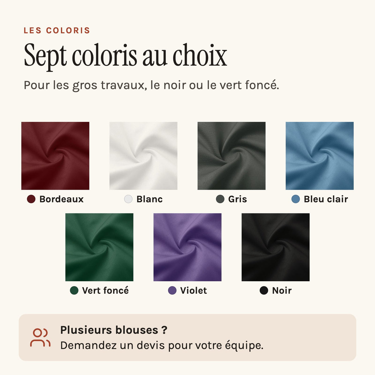 Blouse de travail femme de ménage, boutonnée, à col contrasté, les sept coloris