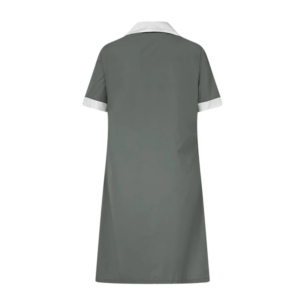 Blouse de travail femme de ménage, boutonnée, à col contrasté, grise, vue de dos