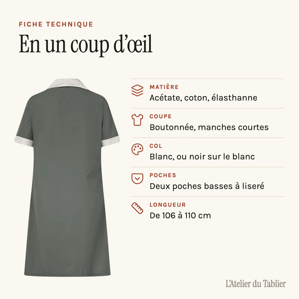 Blouse de travail femme de ménage, boutonnée, à col contrasté, fiche technique