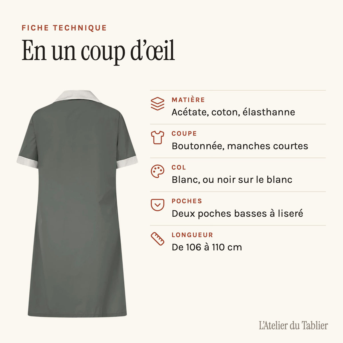 Blouse de travail femme de ménage, boutonnée, à col contrasté, fiche technique