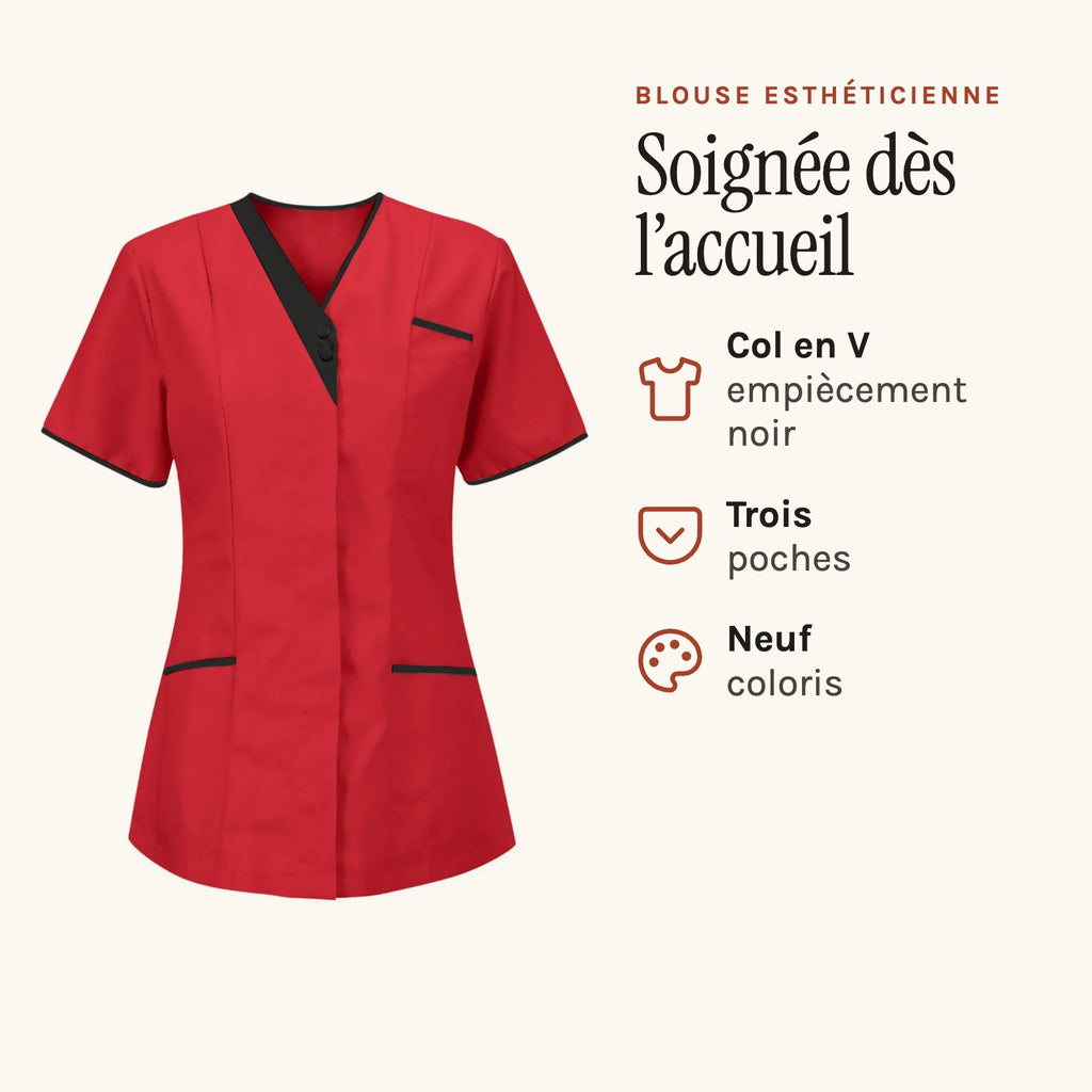 Blouse esthéticienne col V bicolore, seule ou avec son pantalon, rouge, col V et empiècement noir