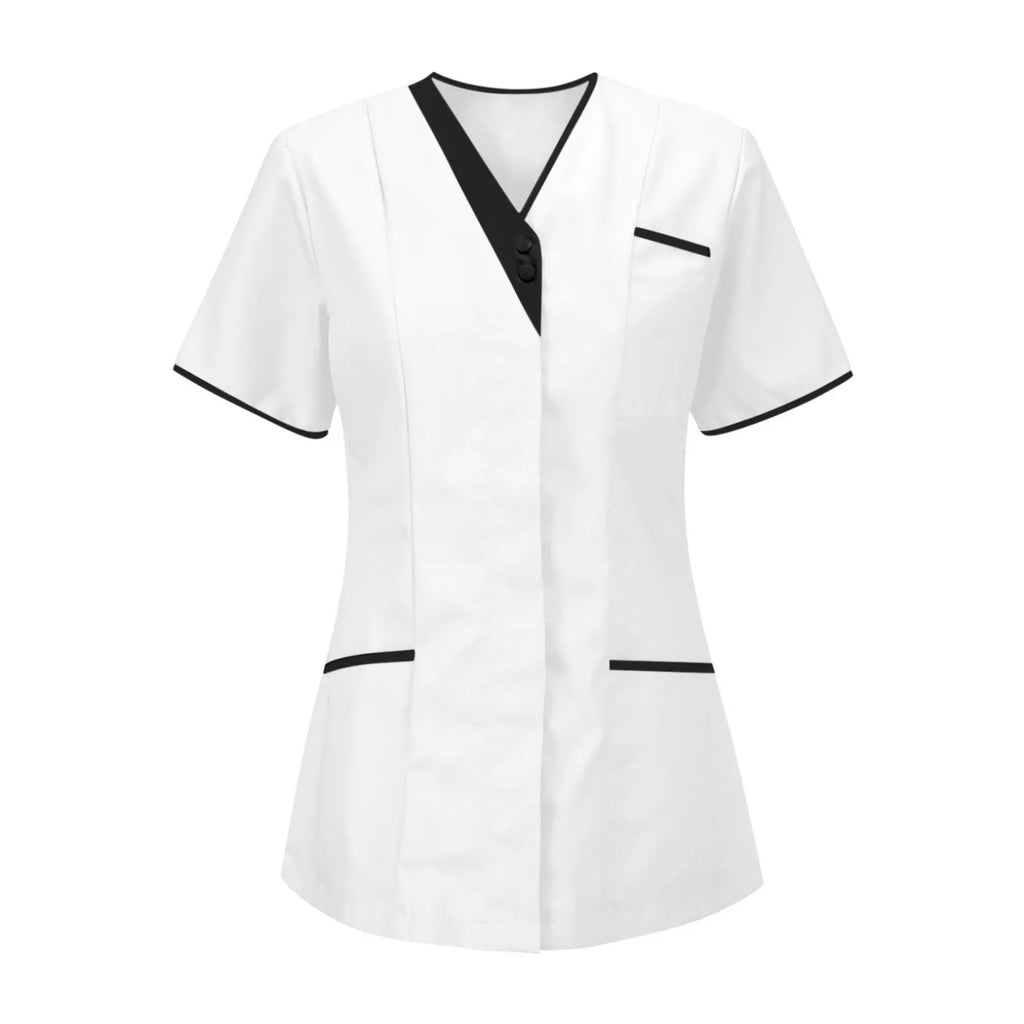 Blouse esthéticienne col V bicolore, seule ou avec son pantalon, blanc, tunique seule