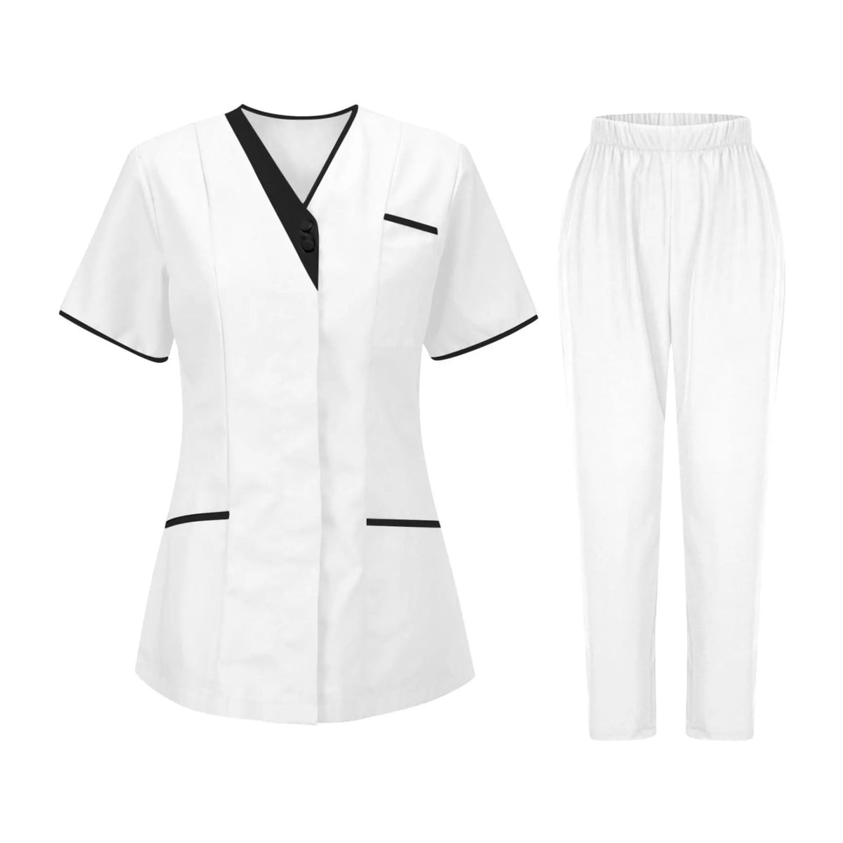 Blouse esthéticienne col V bicolore, seule ou avec son pantalon, blanc, tunique et pantalon