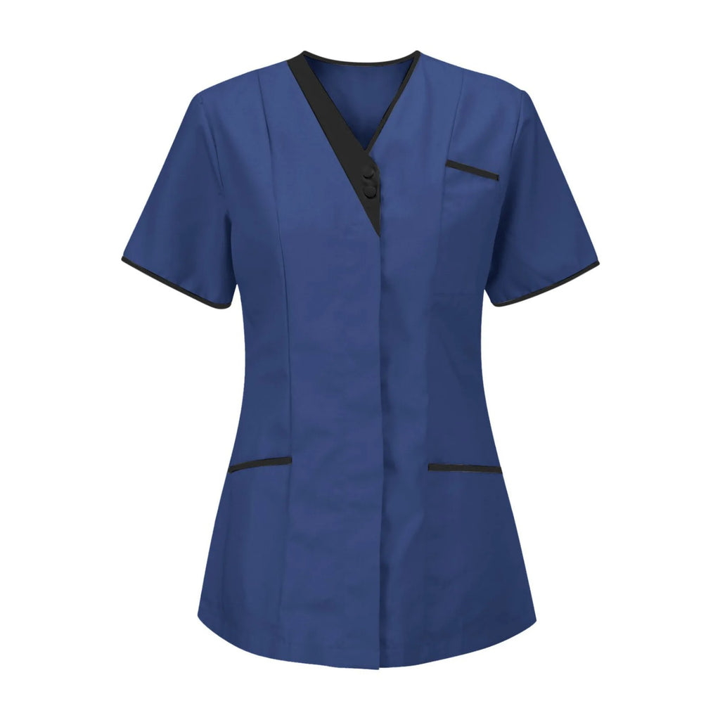 Blouse esthéticienne col V bicolore, seule ou avec son pantalon, bleu foncé, tunique seule