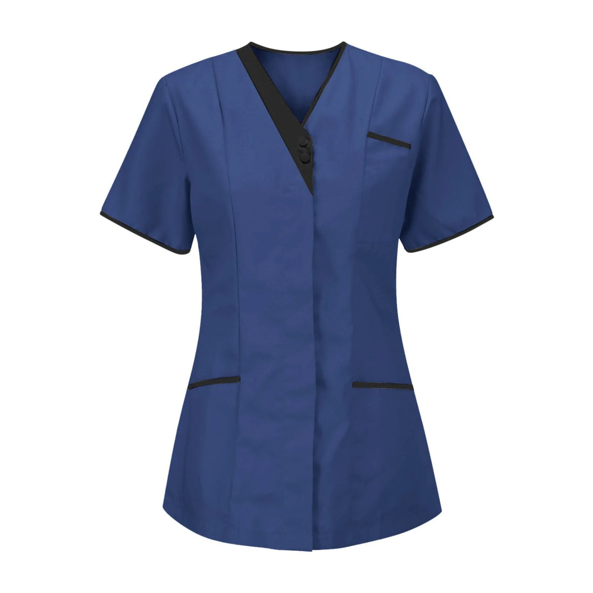 Blouse esthéticienne col V bicolore, seule ou avec son pantalon, bleu foncé, tunique seule