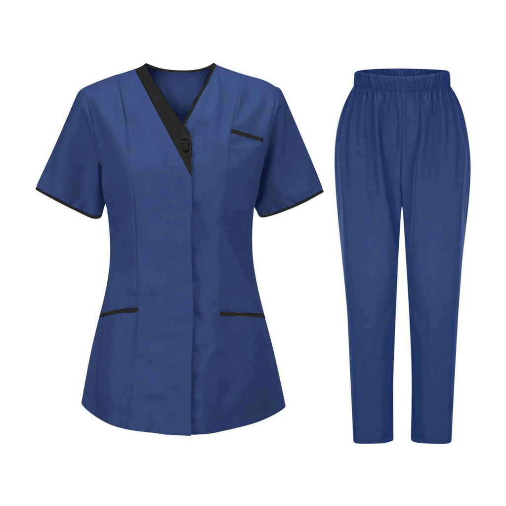 Blouse esthéticienne col V bicolore, seule ou avec son pantalon, bleu foncé, tunique et pantalon