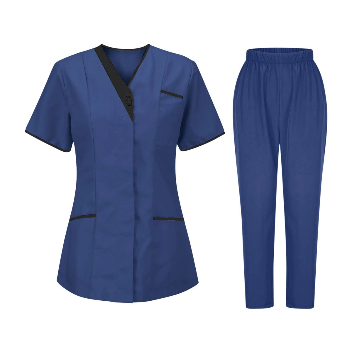 Blouse esthéticienne col V bicolore, seule ou avec son pantalon, bleu foncé, tunique et pantalon