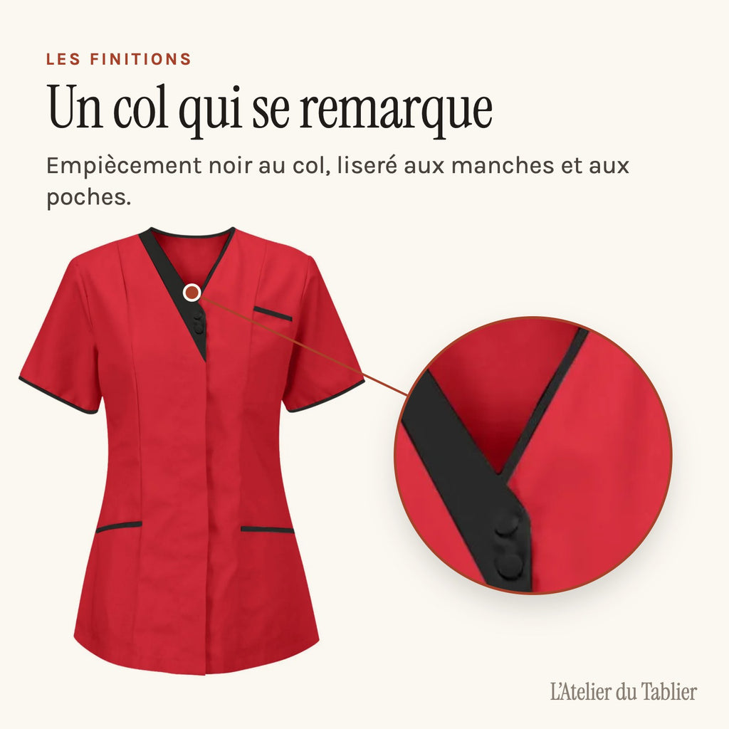 Blouse esthéticienne col V bicolore, seule ou avec son pantalon, col en V et empiècement noir