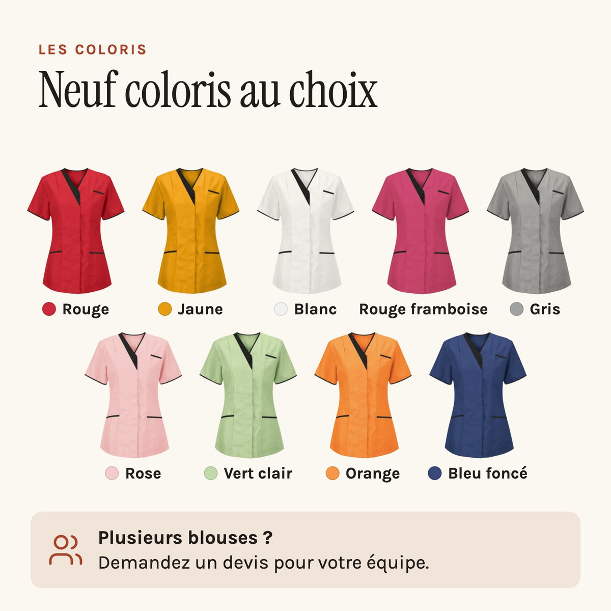 Blouse esthéticienne col V bicolore, seule ou avec son pantalon, les neuf coloris