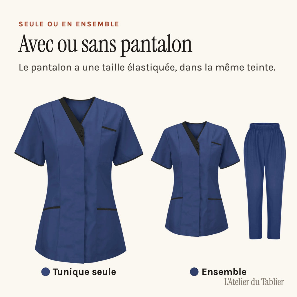 Blouse esthéticienne col V bicolore, seule ou avec son pantalon, tunique seule ou avec son pantalon