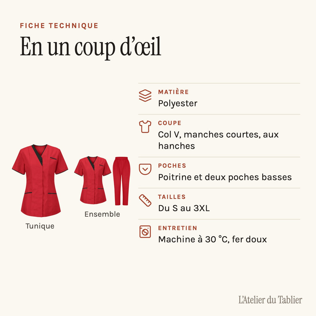 Blouse esthéticienne col V bicolore, seule ou avec son pantalon, fiche technique