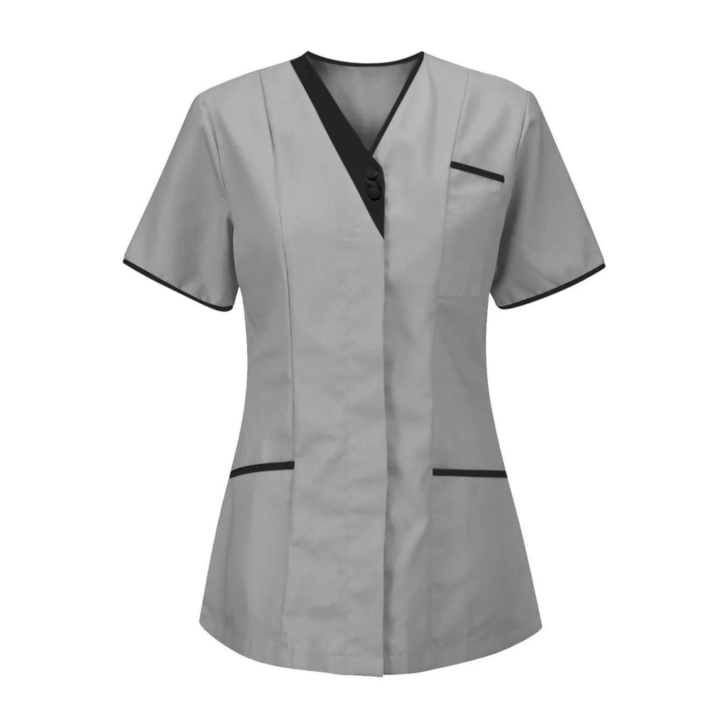 Blouse esthéticienne col V bicolore, seule ou avec son pantalon, gris, tunique seule