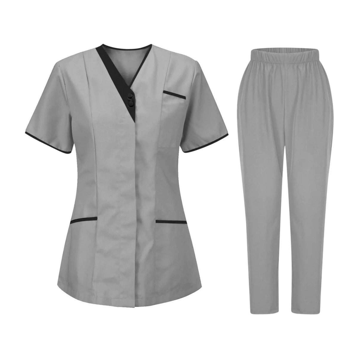 Blouse esthéticienne col V bicolore, seule ou avec son pantalon, gris, tunique et pantalon