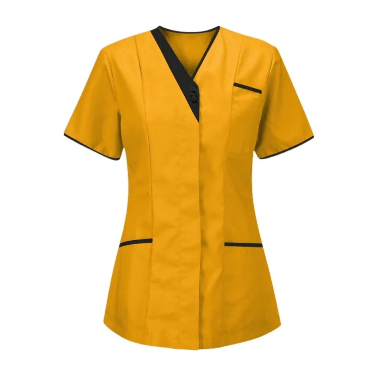 Blouse esthéticienne col V bicolore, seule ou avec son pantalon, jaune, tunique seule