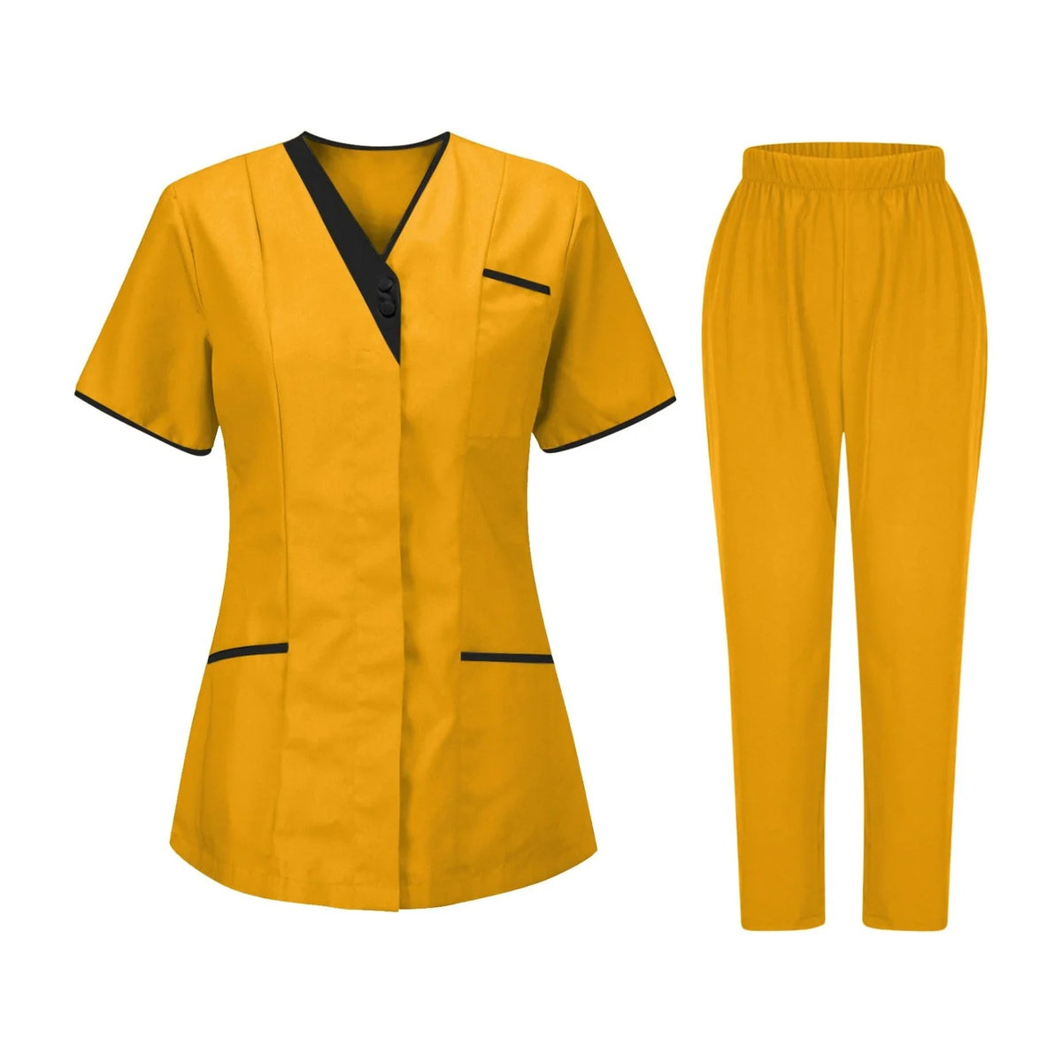 Blouse esthéticienne col V bicolore, seule ou avec son pantalon, jaune, tunique et pantalon
