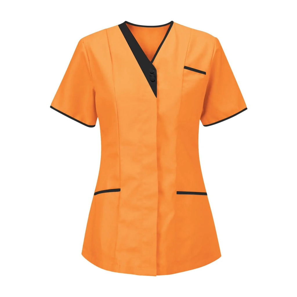 Blouse esthéticienne col V bicolore, seule ou avec son pantalon, orange, tunique seule