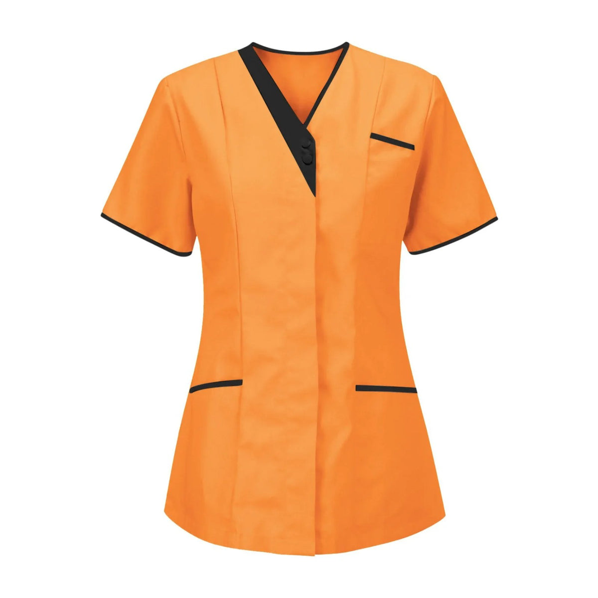Blouse esthéticienne col V bicolore, seule ou avec son pantalon, orange, tunique seule