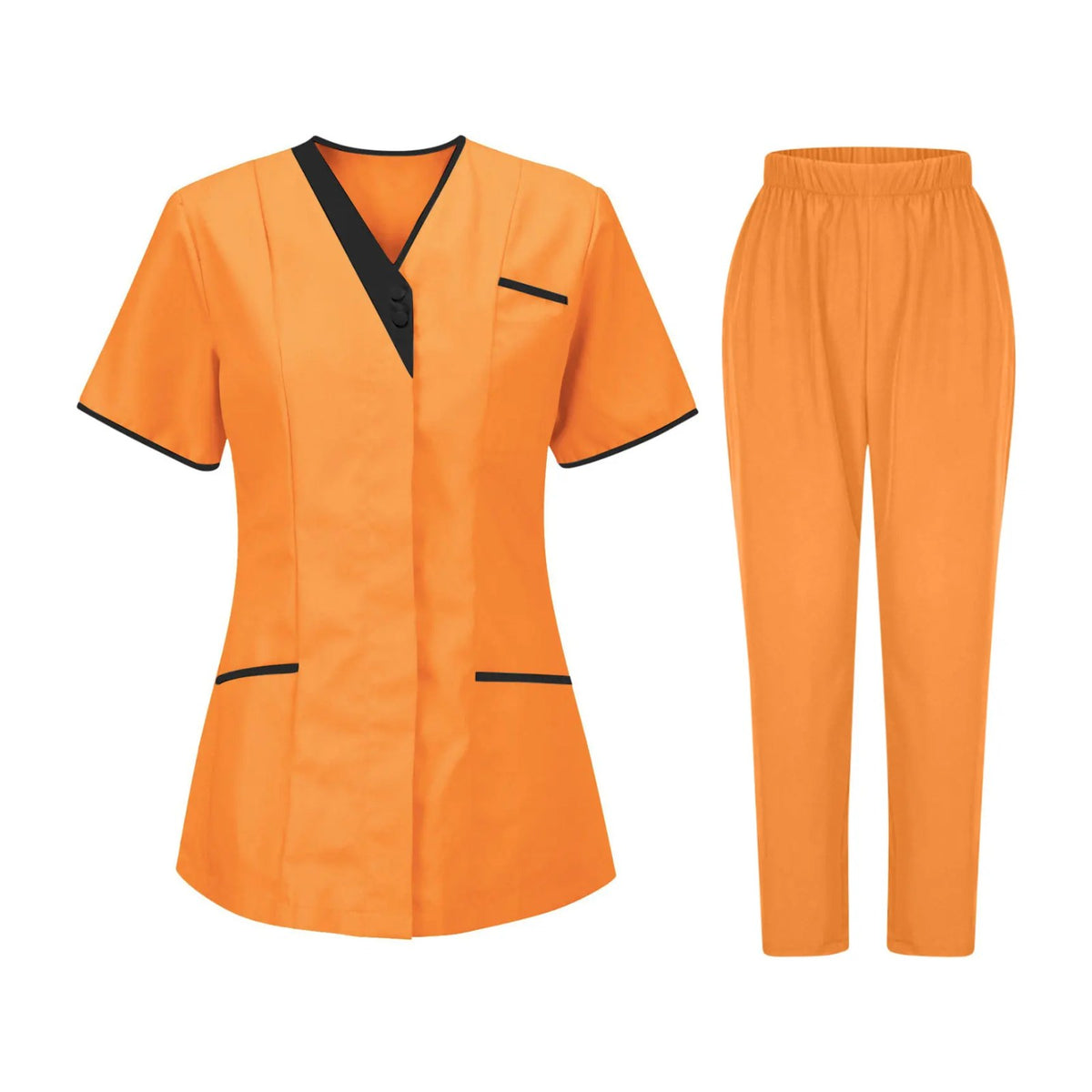 Blouse esthéticienne col V bicolore, seule ou avec son pantalon, orange, tunique et pantalon