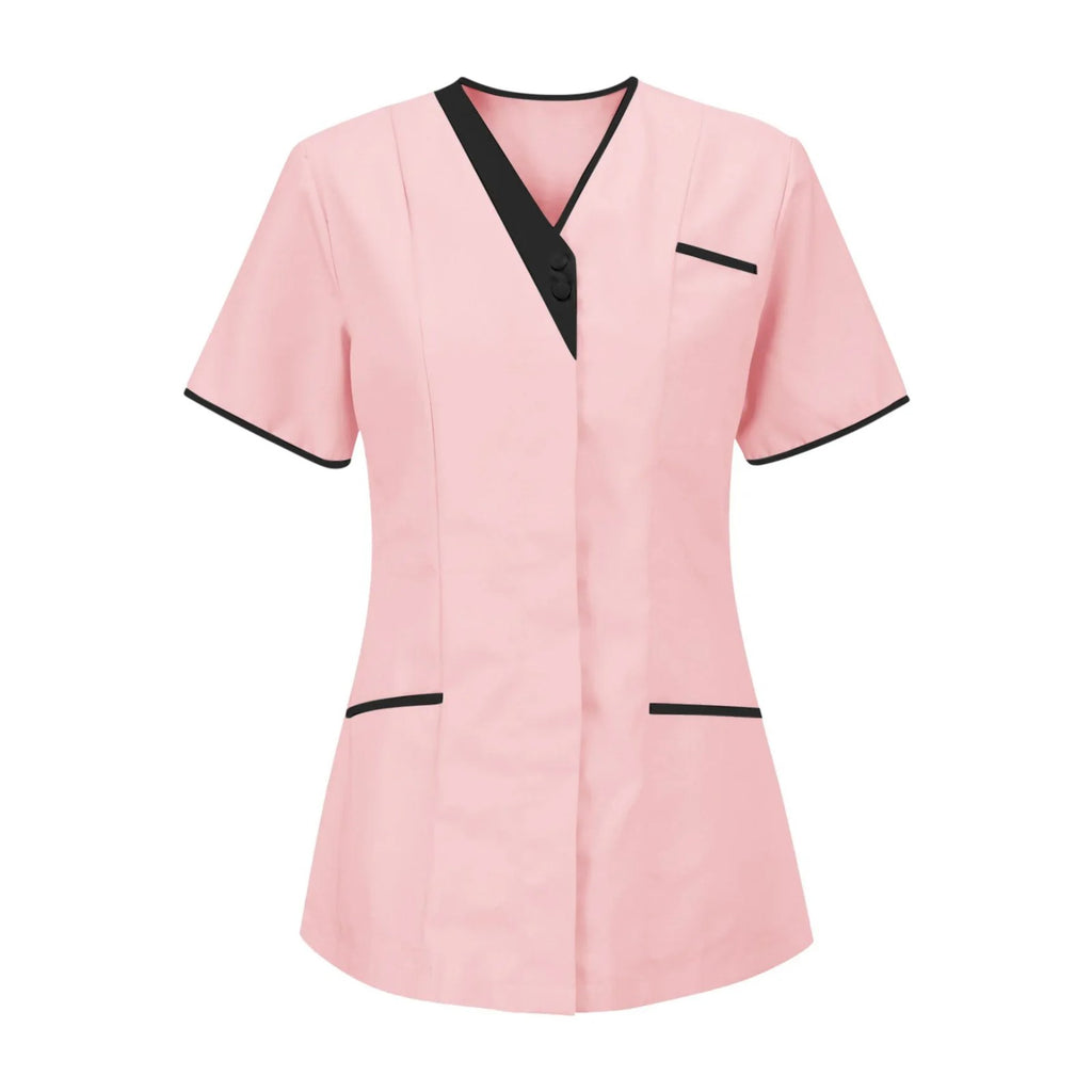Blouse esthéticienne col V bicolore, seule ou avec son pantalon, rose, tunique seule