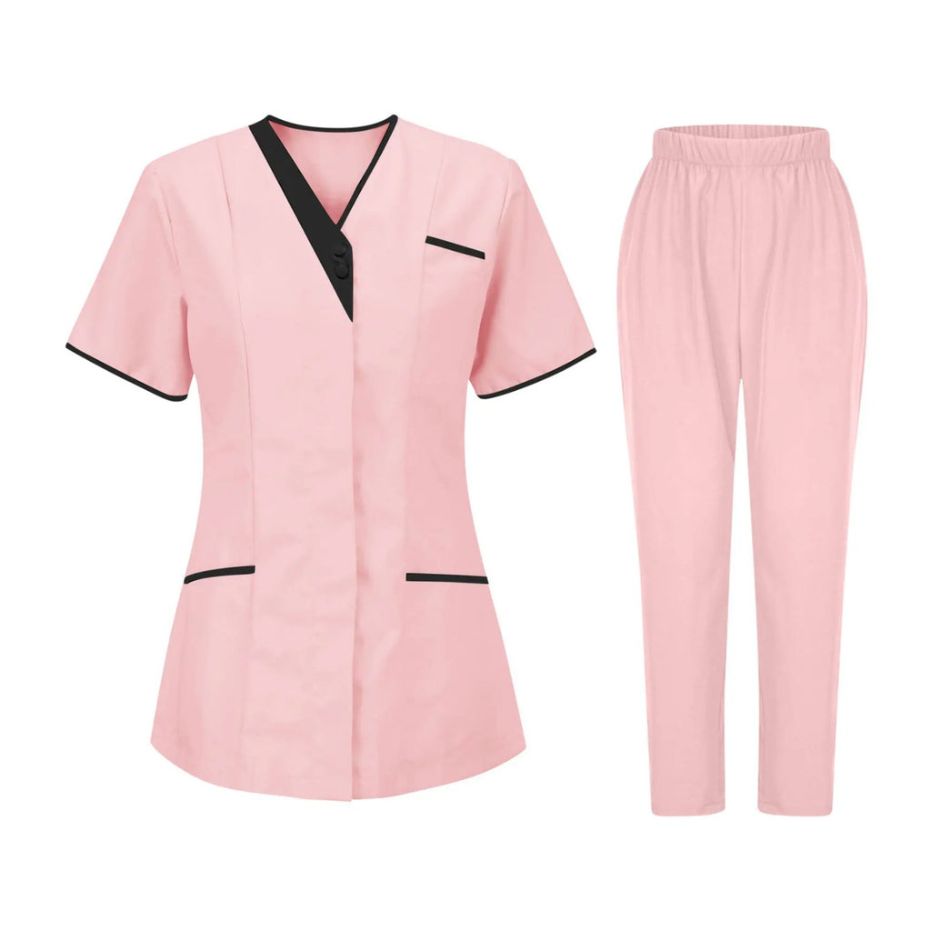 Blouse esthéticienne col V bicolore, seule ou avec son pantalon, rose, tunique et pantalon