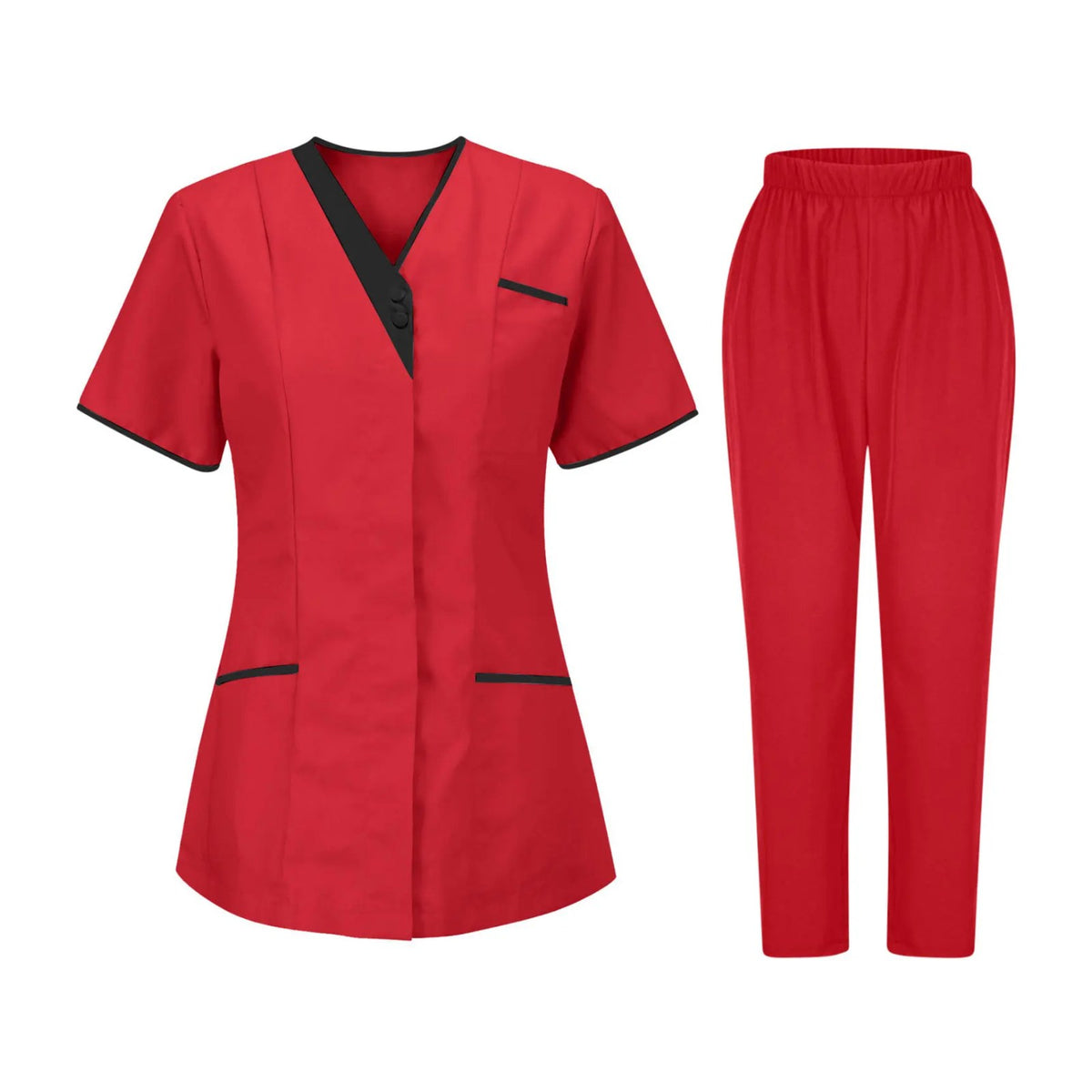 Blouse esthéticienne col V bicolore, seule ou avec son pantalon, rouge, tunique et pantalon