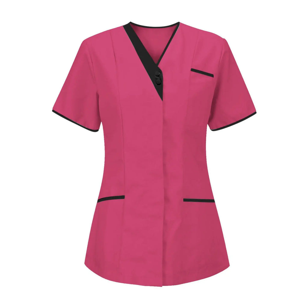 Blouse esthéticienne col V bicolore, seule ou avec son pantalon, rouge framboise, tunique seule